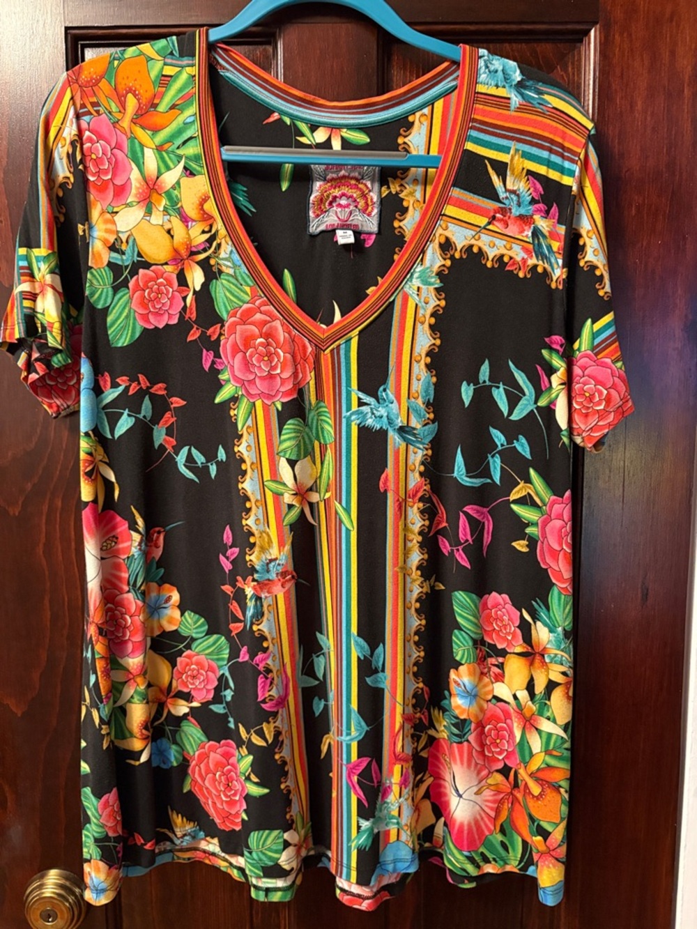 Johnny Was Black Floral V-Neck Tunic with Pink, Yellow, Green and Blue Accents